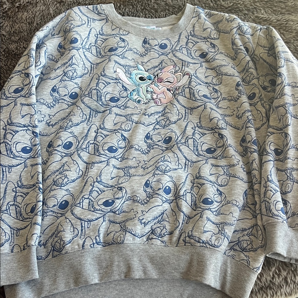 Disney Gray Crewneck Sweatshirt with Blue Stitch & Pastel Characters